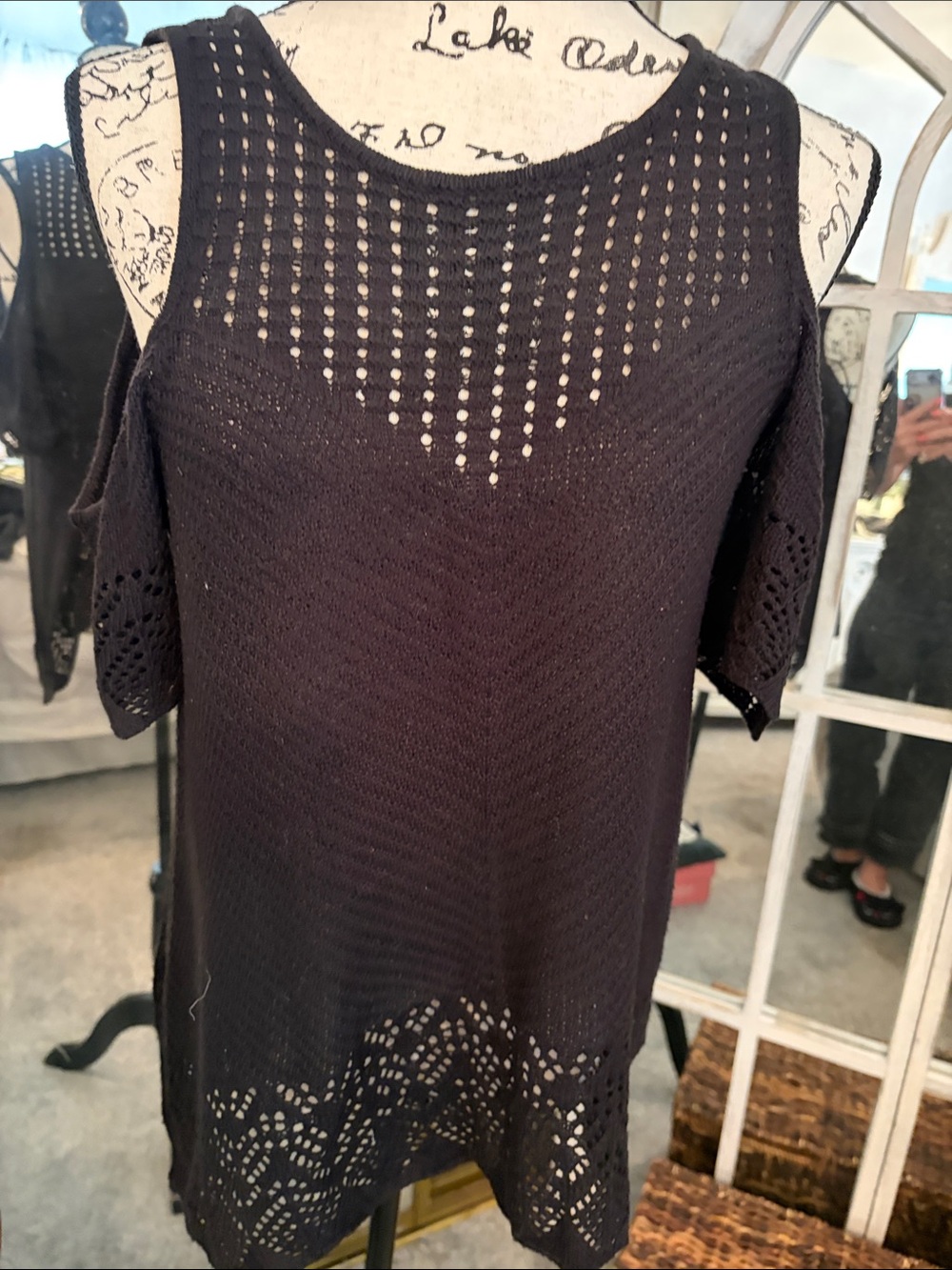 LC Lauren Conrad Black Openwork Cold-Shoulder Sweater